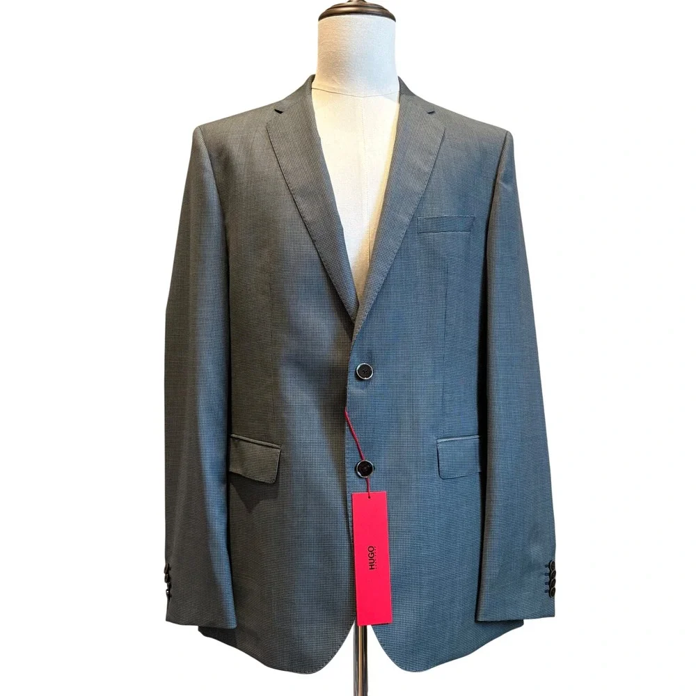 Hugo Boss Jetson Sport Coat 42L Mint Micro Check Virgin Wool Unstructured NEW